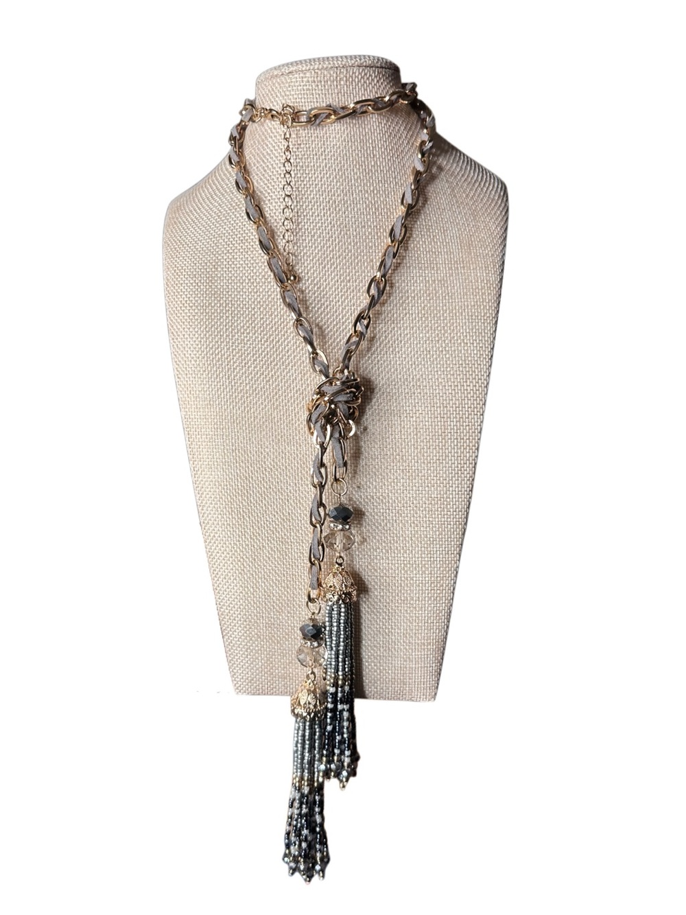 Gold and Gunmetal Beaded Tassel Lariat Necklace